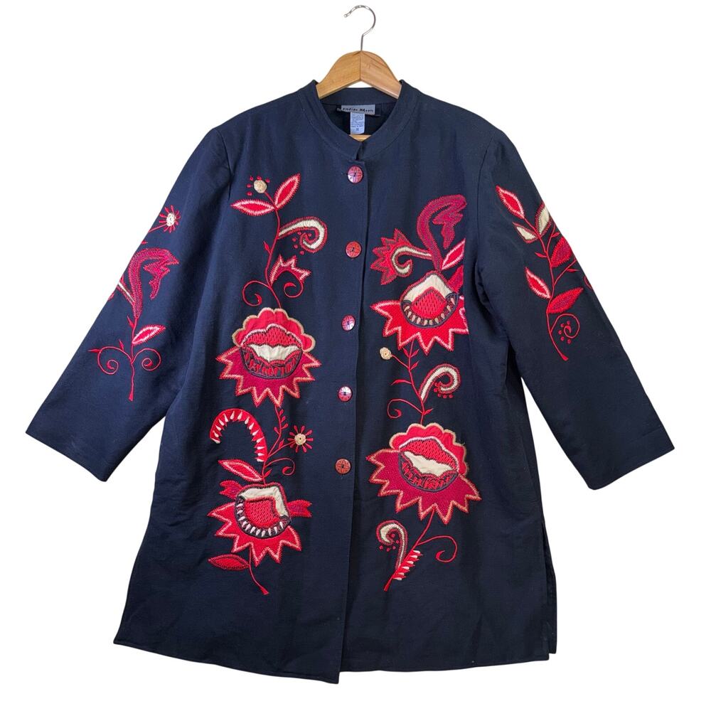 Indigo Moon Embroidered Floral‎ Jacket - Black/Red - Plus Size 1X